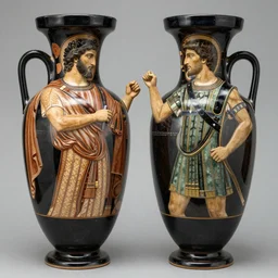 the duel between Paris and Menelaus, in the style of Greek vase painting