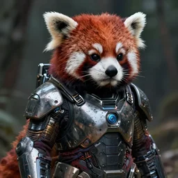 anthropomorphic red panda in cyber armour, cyberpunk, wear and tear, battle hardened, shell shocked eyes, artstation, dirty, realistic reflections
