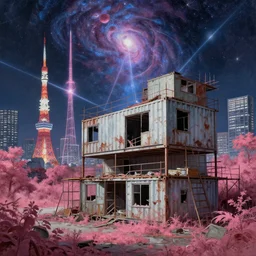 a beautiful very detailed painting of container home building urbex nature city architecture abandoned by pieter bruegel the elder, otherworldly cosmic nature universe laser landscape infrared at night futuristic tokyo, archdaily, wallpaper, highly detailed, trending on artstation.