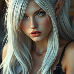 a beautiful portrait, sexy fantasy elf. professionally retouched, soft lighting, wearing sexy black desouss, realistic, smooth face, perfect blue eyes, long white hair, wide angle, sharp focus on the eyes, 8 k high definition, insanely detailed, intricate, elegant, art by artgerm and wlop