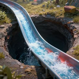 rickety water slide leading into black hole, hyper realism, cinematic, dramatic ambient lighting, high detail, octane render, unreal engine, 8 k, vibrant colors, high contrast, depth of field, professional photo, concept art, dnd, 3 d render, digital art, deviantart artstation, ray tracing, apocalyptic, extremely detailed, very sharp,