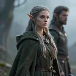 a female elf in a cloak with long hairs, art by James Jean and Wayne Barlowe, high detail, cinematic, cgsociety 8k
