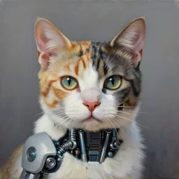 portrait of a cat that is half cyborg, oil painting