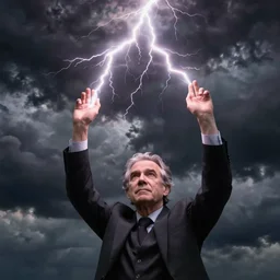 photograph of geert wilders, raising both hands, emitting lightning bolts, dramatic lighting, dark clouds, sinister