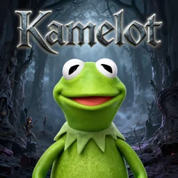 kamelot album cover featuring kermit the frog, art by stefan heilemann, photoshop collage art, power metal album cover, fantasy, horror, gothic, trending on artstation