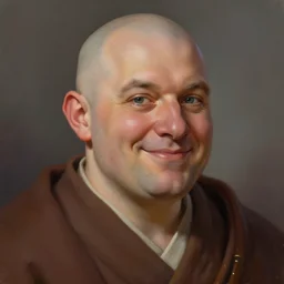 a head - on detailed oil portrait of a round - faced bald male monk with a friendly smile, by charlie bowater, lise deharme, wlop, trending on artstation, dungeon and dragons art, critical role