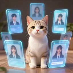 virtual digital pet with holographic cards containing his personal information