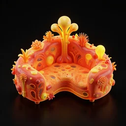 black background with an isometric red orange yellow neon sofa with a crazy unusual organic design based on alien bioluminescent nature aesthetic, it has plants growing onto it and is made out of rocks and glowy crystals in a maximalist hyper - detailed realistic design, an asset for a mobile game. low poly full black background z - brush masterpiece