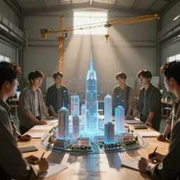 group of people in humble warehouse, looking at hologram of futuristic city on a table, cinematic concept art, godrays, golden hour, natural sunlight, 4 k, clear details, tabletop model buildings, center model buildings, hologram center, crane shot, crane shot, crane shot