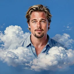 brad pitt, clouds, blue sky art by peter lloyd, 1 9 8 0's art, airbrush style, art by hajime sorayama,, intricate, elegant, sharp focus, illustration, highly detailed, concept art, matte, sharp focus, illustration, highly detailed, 6 4 0