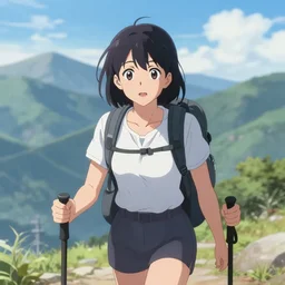 anime style portrait of a beautiful girl hiking a mountain
