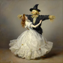 detailed soft painting of a scarecrow and his wife dancing. rembrandt style elegant highly detailed artstation concept art matte