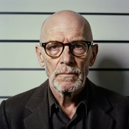 1970s of Mugshot Portrait of a very old and decrepit Willem Dafoe with glasses and no beard, no hair completely bald, dressed in 1970s menswear, taken in the 1970s, photo taken on a 1970s polaroid camera, grainy, real life, hyperrealistic, ultra realistic, realistic, highly detailed, epic, HD quality, 8k resolution, body and headshot, film still, front facing, front view, headshot and bodyshot, detailed face, very detailed face