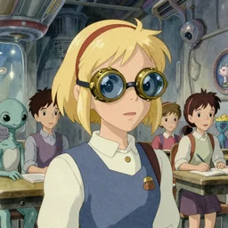 coherent, science fiction, retrofuturistic awkward lonely brilliant female blond teenage tomboy girl with short hair, wearing victorian brass goggles, in school with extraterrestrial creature classmates on the nostromo, studio ghibli, pixar and disney animation, sharp, disney concept art watercolor illustration by mandy jurgens and alphonse mucha and alena aenami, pastel color palette, dramatic lighting, highly detailed