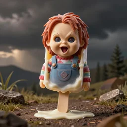 ice cream popsicle shaped like screaming chucky doll, octane render, centered, slightly melted