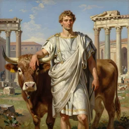 idealized oil painting portrait of a man wearing a roman toga, posing with a highland cow, in the roman forum.