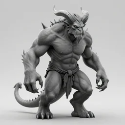 full body, grayscale, 3/4 view, muscled humanoid balrog demon, horns, hoofs, claws, large horned tail, heroic pose, flames, fire, tarot, lineart, Gustave Dore, alphonse mucha, dominik mayer, high contrast