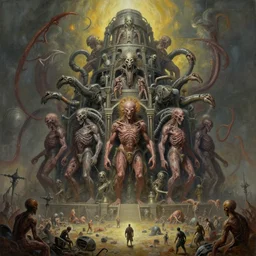 oil paint of 1 1 flayed gods in tiers, colossal medical gangrene machines in tiers, battle pit, by shigeru komatsuzaki, wayne d barlowe, stefano tamburini, ember light, muted colors, epic, hyper detailed, awe inspiring, award winning horror, narrative lighting, hyper realism, cinematic