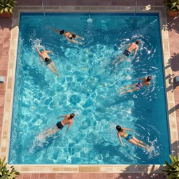 tiled pool with people swimming, overhead, by disney concept artists, blunt borders, rule of thirds