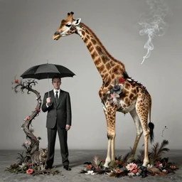photographic portrait max ernst sad giraffe feathers, melting, floral, wearing a suit, holding an umbrella and a cat, spiraling tree, cigarette smoke, editorial