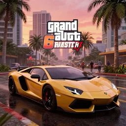 still next - gen ps 5 game grand theft auto 6 2 0 2 4 remaster, graphics mods, rain, red sunset, people, rtx reflections, gta vi, miami, palms and miami buildings, photorealistic screenshot, unreal engine, 4 k, 5 0 mm bokeh, close - up lamborghini aventador, gta vice city remastered, artstation