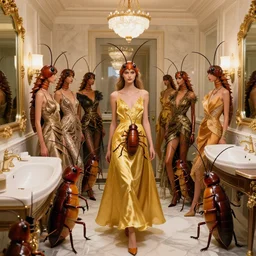 a fashion show made of cockroaches inside a bathroom, cockroaches dressed as models, cockroaches modelling, inside the budapest hotel, five star fashion show, trending in fashion magazines.