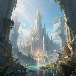 inside a ethereal magical elven city, 8k, HDR, award-winning, trending on, artstation, smooth, sharp focus, super resolution,  cinematic, volumetric lighting, unreal engine 5