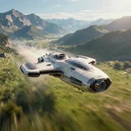 Futuristic spaceship flying on supersonic speed above grassy valley with gorgeous mountain range in the background, view from above, cinematic, dramatic volumetric lighting, epic composition, 8K Ultra HD, high detail, Octane render