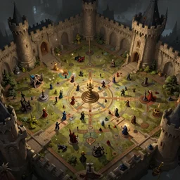 wide establishing shot of a dungeons and dragons battle map, top view of inside of the inside of a castle, dynamic composition, dramatic lighting, trending on artstation, digital art, stylized painting