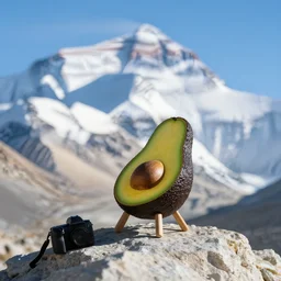 an avocado chair is sitting on the peak of mount everest, clear focus, bokeh effect, high res, hasselblad, dslr