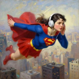 supergirl listening to music as she flies over the city, highly detailed painting by gaston bussiere, craig mullins, j. c. leyendecker 8 k