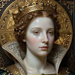 detailed realistic beautiful young medieval queen face portrait by jean delville, rembrandt, georges de la tour, gustav klimt, and marco mazzoni, art nouveau, symbolist, visionary, gothic, preraphaelite, realistic smooth polished porcelain, ultrasharp hyperdetailed photorealistic octane render, ornate gothic icon with heavy patina
