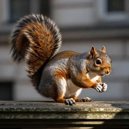 a giant squirrel on a plinth looking down over london