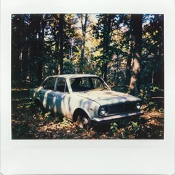 analog polaroid of abandoned car in a forest, wide shot, vintage colors, color bleed, gritty
