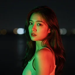 photograph of beautiful woman ,night , illuminated by green and red lights, 85 mm f1.4