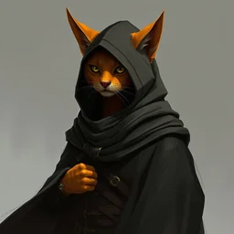 a orange khajiit!!, thief, black cloak and hood, concept character by raymond _ swanland and jason edmiston