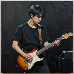 a young korean man wearing black t shirt plays electric guitar on stage, dramatic lighting, matte colors, thought provoking, by conrad roset, dramatic abstract brush painting, trending on artstation