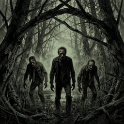 three zombies creeping through a swamp by bernie wrightston, dark, heavy shading, archway of tree branches
