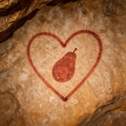 realistic photo of a cave painting petroglyph of an avocado inside a heart, parietal art style, inside a cavern, cave painting, sepia colors