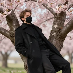 hd photograph of european young man wearing black medical mask and black long coat, relaxing under a cherry blossom tree, summer day, in the style of ilya kuvshinov, dramatic lighting, fantasy, intricate, elegant, highly detailed, lifelike, photorealistic, digital painting, bokeh, hdr, high resolution, artstation, concept art, smooth, art by krenz cushart and albert aublet