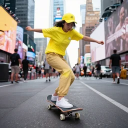 a cool lemon riding a skateboard in times square new york