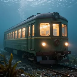 hyperealistic underwater old train with glowing window, high detailed, misty glows, seaweed, digital art, octane render