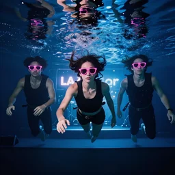 live lazz concert underwater, players wearing only sunglasses, neon lights