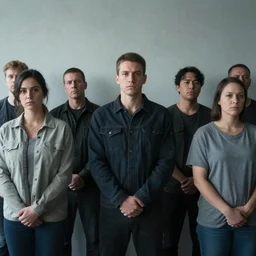 suspects lineup in front of wall facing the camera