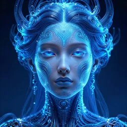 head - on portrait symmetrical dreaming technology goddess intricate ultradetailed illustration by dan mumford, blue neon colors, detailed, 2 d, 8 k