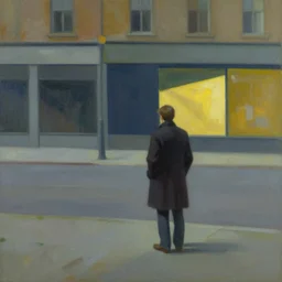 a man standing in the street completely alone in the style of edward hopper, lonely feelings, painterly, loneliness