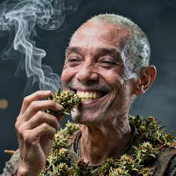 hyper realistic portrait of an androdynous person smoking massive amounts of weed, big smile, by greg rutkowski, scott m fischer, artgerm, loish, slight glow, atmospheric, anne stokes, alexandros pyromallis,, 4 k, 8 k