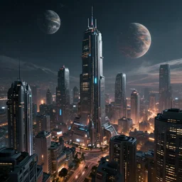 futuristic city on another planet at night, cyberpunk, realism, octane render, vray, artstation.