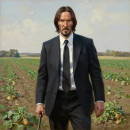 portrait of john wick farming potatoes in the field, oil painting