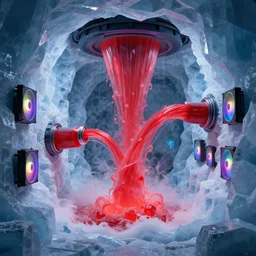 liquid nitrogen and red water-cooling coolant flowing through latent representations of ice caverns by centrifugal forces, gaming pc RGB components sticking out the walls!!!!, high detail, high contrast!, low-poly elements!!!, trending on artstation, octane render, subsurface scattering, 4k